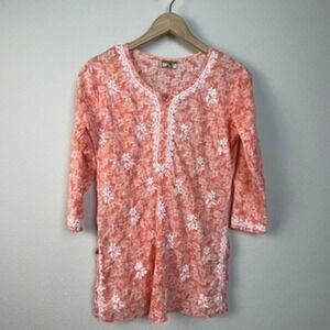 Ada Embroidered Indie Tunic Top Coral Floral Print 3/4 Sleeve Coastal Women's S